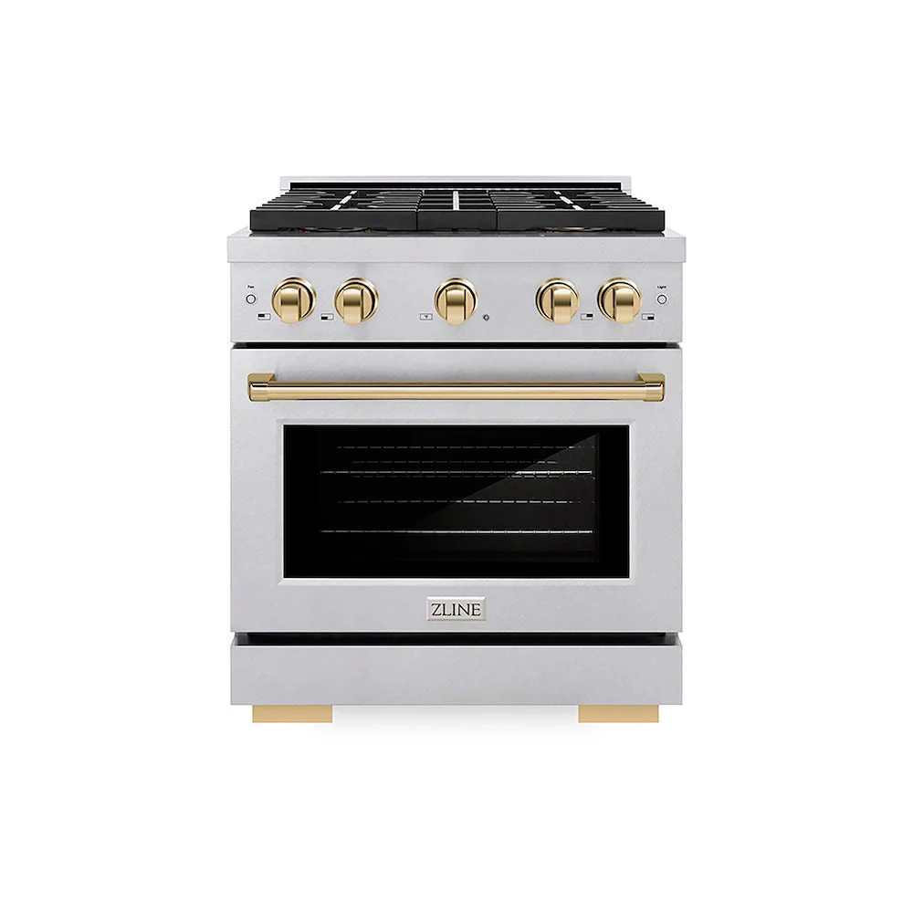 ZLINE Autograph Edition 30 in. 4.2 cu. ft. Paramount Dual Fuel Range with 4 Burner DuoPro™ Cooktop and Electric Convection Oven in Satin Stainless Steel and Polished Gold Accents, Open Box-Good Condition - Image 4