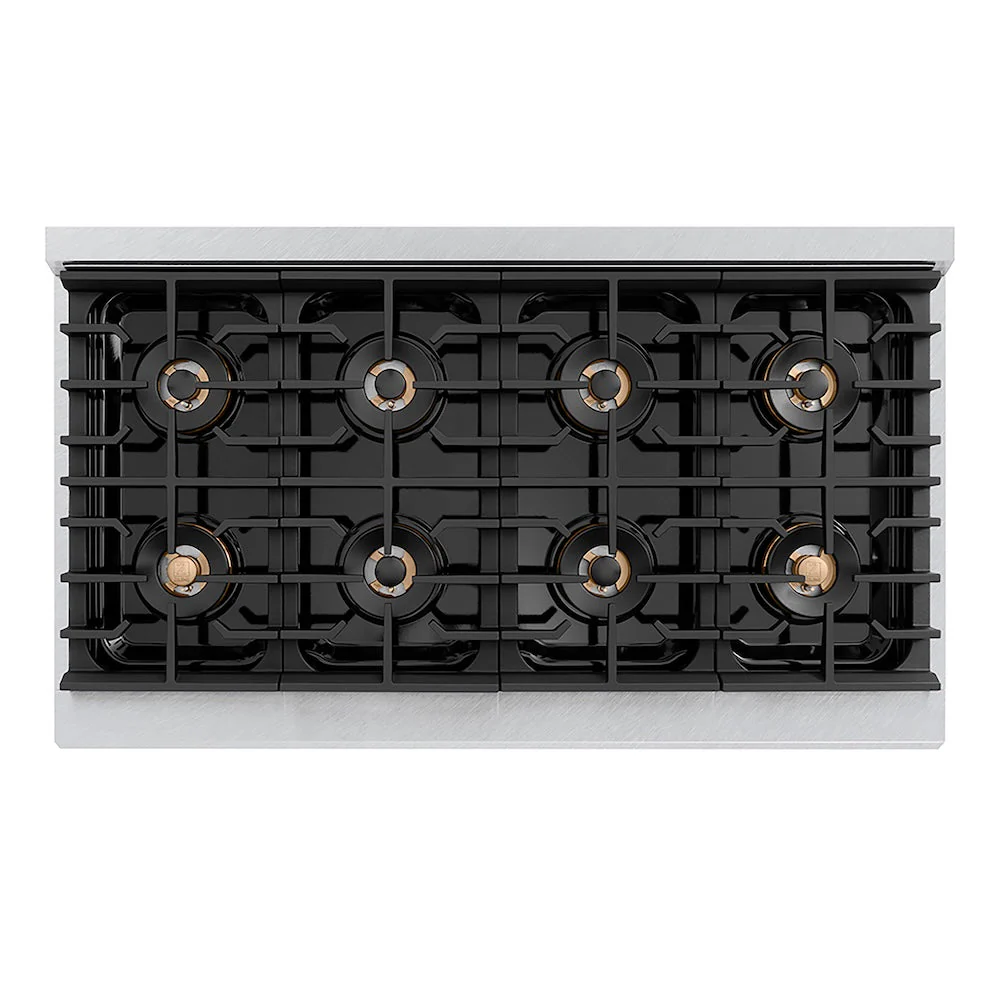 ZLINE Autograph Edition 48 in. 6.7 cu. ft. Paramount Dual Fuel Range with 8 Burner DuoPro™ Cooktop and Dual Ovens in Satin Stainless Steel with Black Matte Doors and Polished Gold Accents, Open Box-Good Condition - Image 2