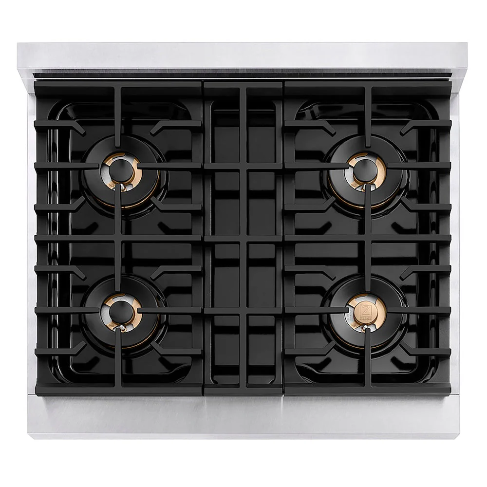 ZLINE Autograph Edition 30 in. 4.2 cu. ft. Paramount Dual Fuel Range with 4 Burner DuoPro™ Cooktop and Electric Convection Oven in Satin Stainless Steel with White Matte Door and Champagne Bronze Accents, Open Box-Good Condition - Image 2