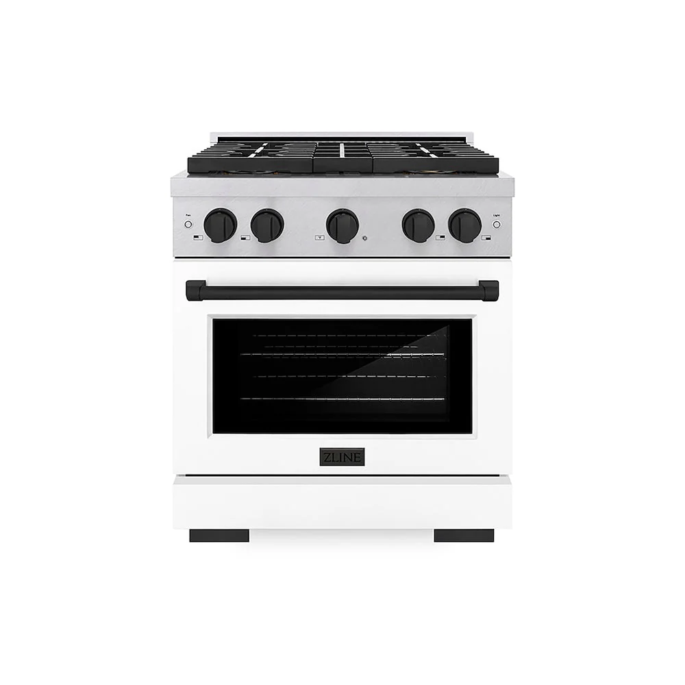 ZLINE Autograph Edition 30 in. 4.2 cu. ft. Paramount Dual Fuel Range with 4 Burner DuoPro™ Cooktop and Electric Convection Oven in Satin Stainless Steel with White Matte Door and Matte Black Accents, Open Box-Good Condition - Image 4