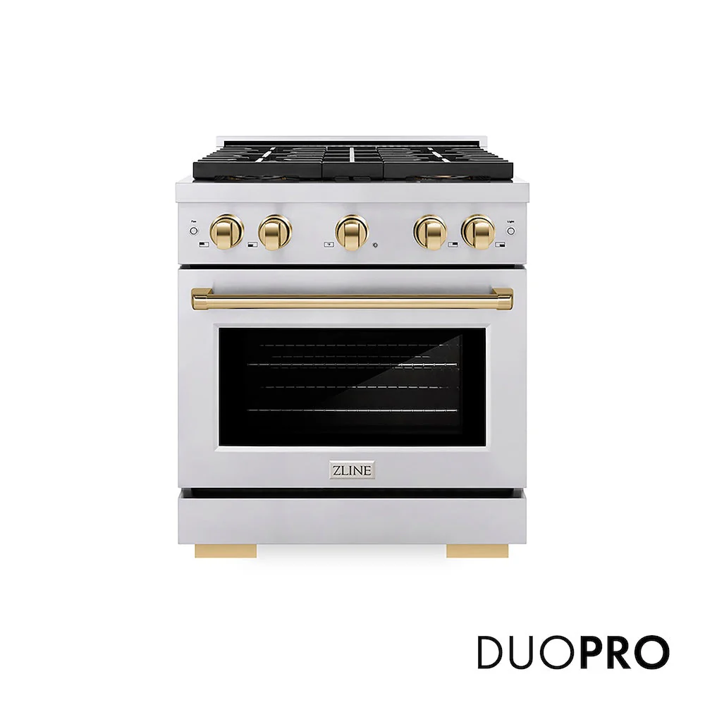 ZLINE Autograph Edition 30 in. 4.2 cu. ft. Paramount Dual Fuel Range with 4 Burner DuoPro™ Cooktop and Electric Convection Oven in Stainless Steel with Polished Gold Accents, Open Box-Good Condition