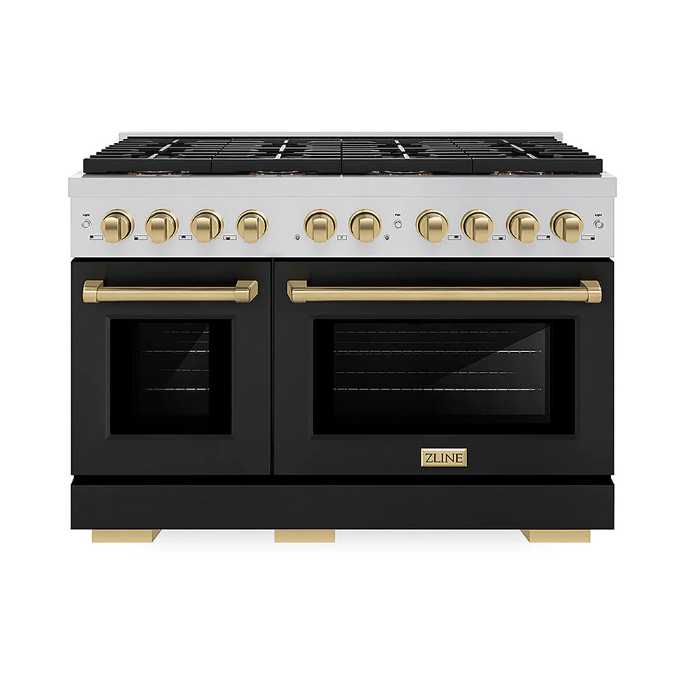 ZLINE Autograph Edition 48 in. 6.7 cu. ft. Paramount Dual Fuel Range with 8 Burner DuoPro™ Cooktop and Dual Ovens with Black Matte Doors and Champagne Bronze Accents, Open Box-Good Condition - Image 4