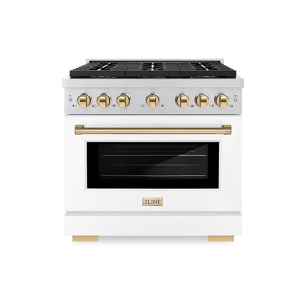 ZLINE Autograph Edition 36 in. 5.2 cu. ft. Paramount Dual Fuel Range with 6 Burner DuoPro™ Cooktop and Electric Convection Oven with White Matte Door and Polished Gold Accents, Open Box-Good Condition - Image 4