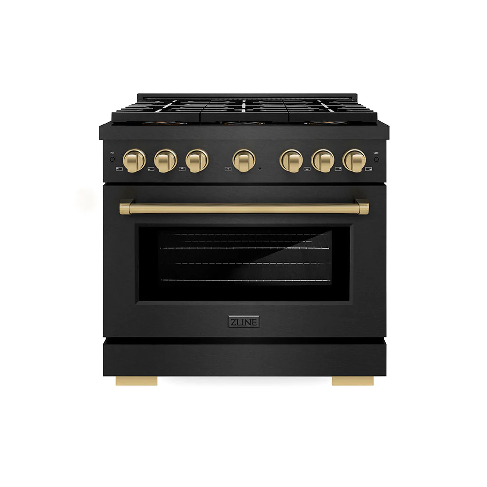 ZLINE Autograph Edition 36 in. 5.2 cu. ft. Paramount Gas Range with 6 Burner DuoPro™ Cooktop and Convection Gas Oven in Black Satin Stainless Steel and Champagne Bronze Accents, Open Box-Good Condition - Image 4