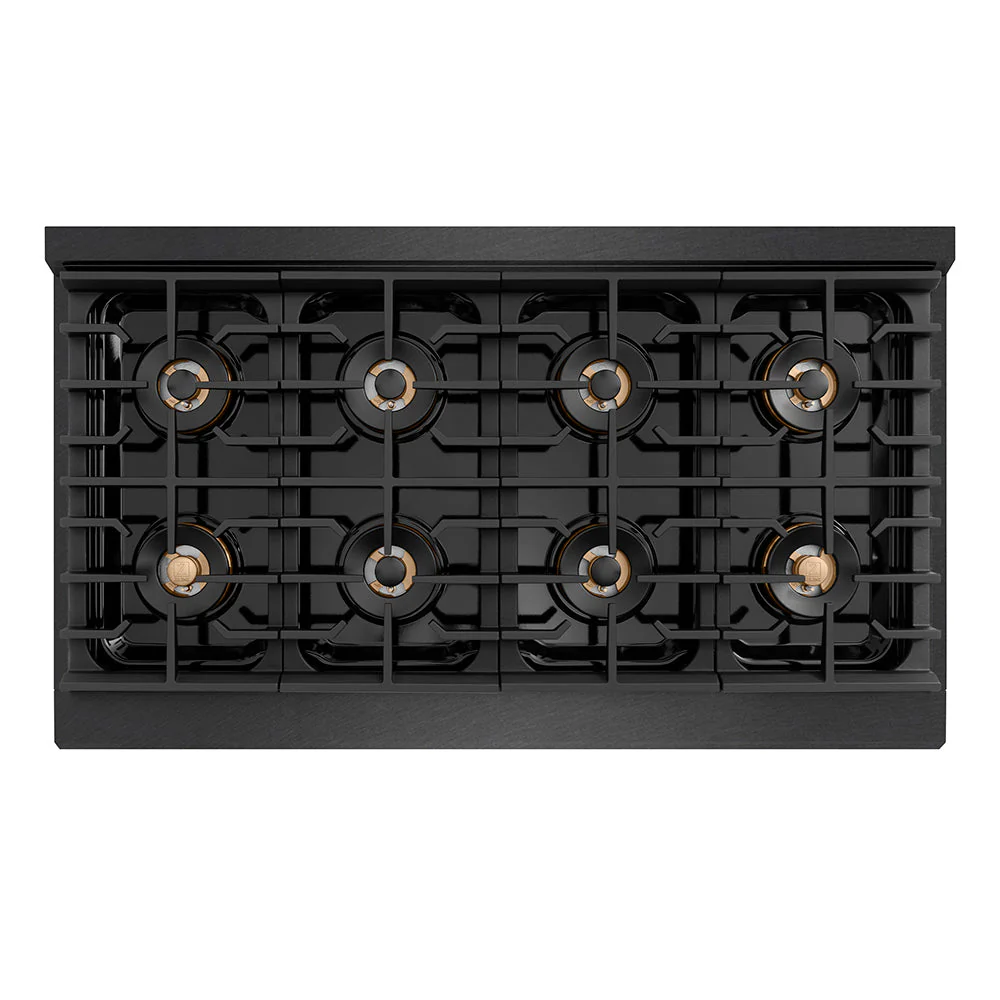 ZLINE Designer Collection 48 in. 6.7 cu. ft. Paramount Gas Range with 8 Burner DuoPro™ Cooktop and Dual Ovens in Black Satin Stainless Steel with Matte Black and Champagne Bronze Accents, Open Box-Good Condition - Image 2