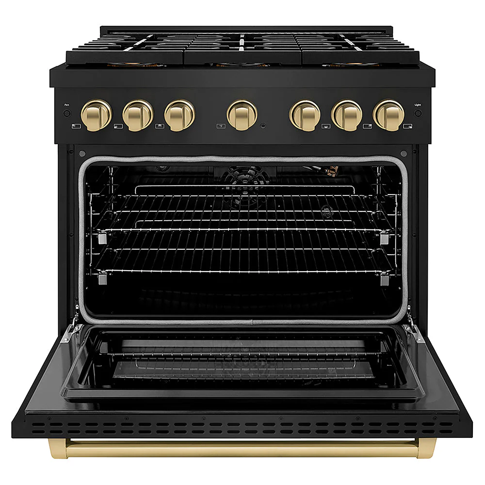 ZLINE Autograph Edition 36 in. 5.2 cu. ft. Paramount Gas Range with 6 Burner DuoPro™ Cooktop and Convection Gas Oven in Black Stainless Steel and Champagne Bronze Accents, Open Box-Good Condition - Image 4