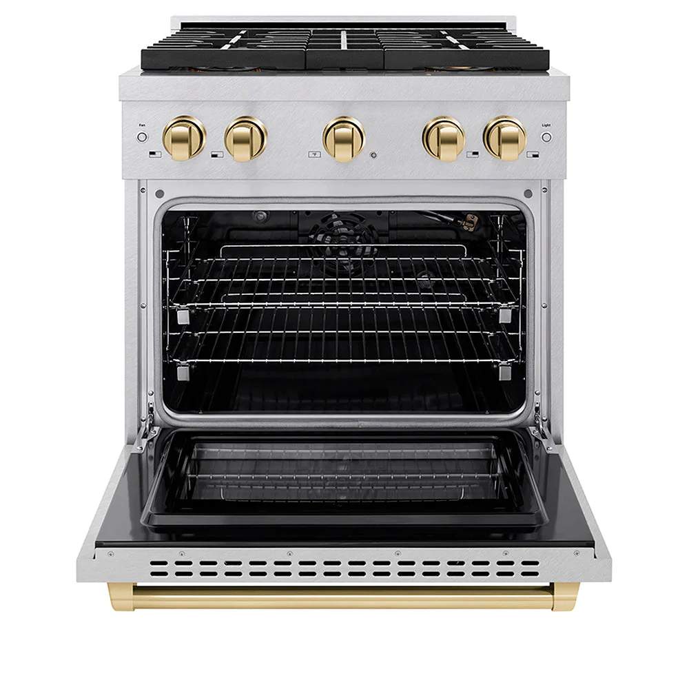 ZLINE Autograph Edition 30 in. 4.2 cu. ft. Paramount Gas Range with 4 Burner DuoPro™ Cooktop and Convection Gas Oven in Satin Stainless Steel and Polished Gold Accents, Open Box-Good Condition - Image 5