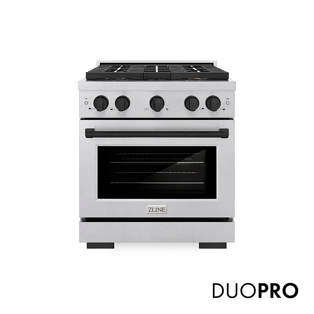 ZLINE Autograph Edition 30 in. 4.2 cu. ft. Paramount Gas Range with 4 Burner DuoPro™ Cooktop and Convection Gas Oven in Satin Stainless Steel and Matte Black Accents, Open Box-Good Condition