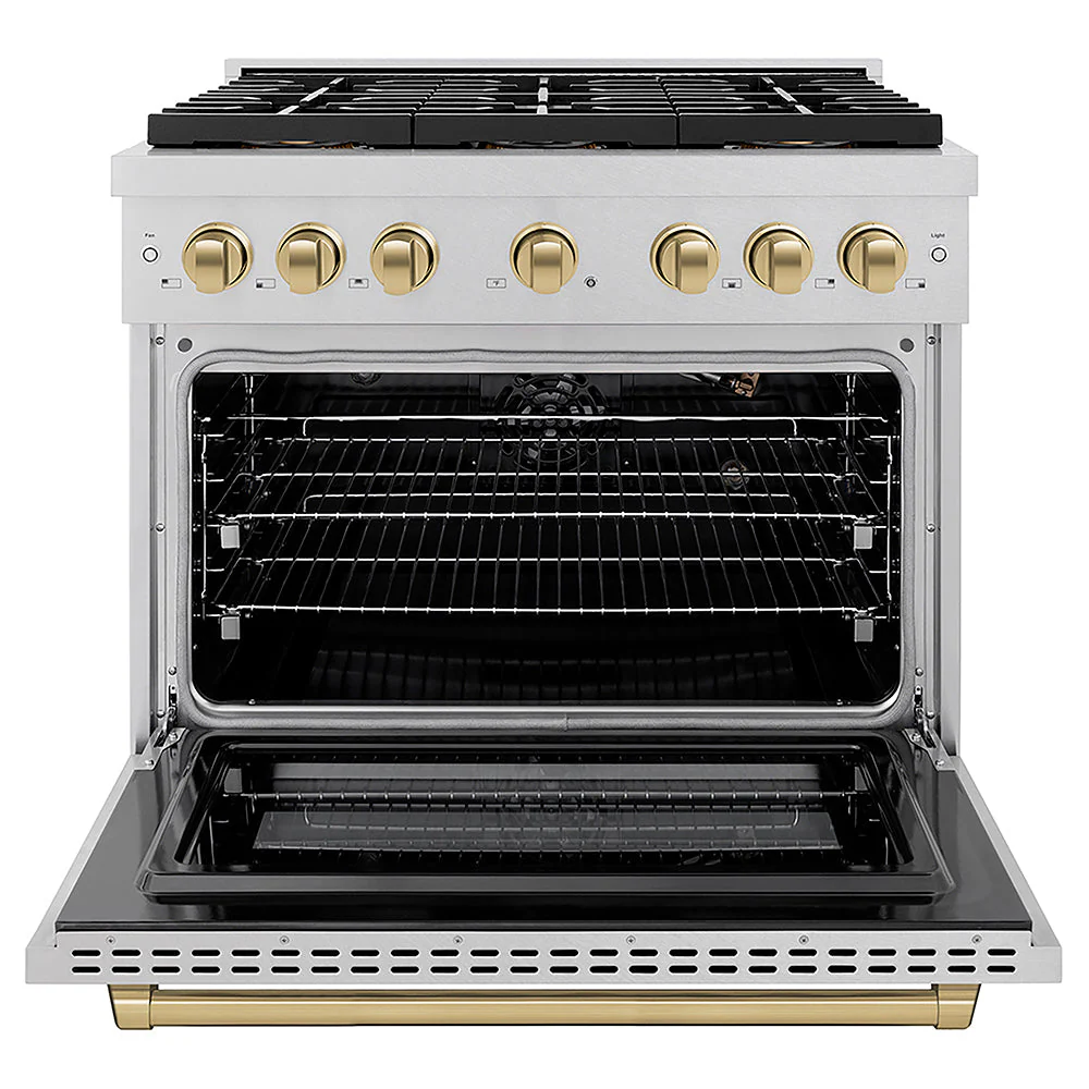ZLINE Autograph Edition 36 in. 5.2 cu. ft. Paramount Gas Range with 6 Burner DuoPro™ Cooktop and Convection Gas Oven in Satin Stainless Steel and Champagne Bronze Accents, Open Box-Good Condition - Image 5