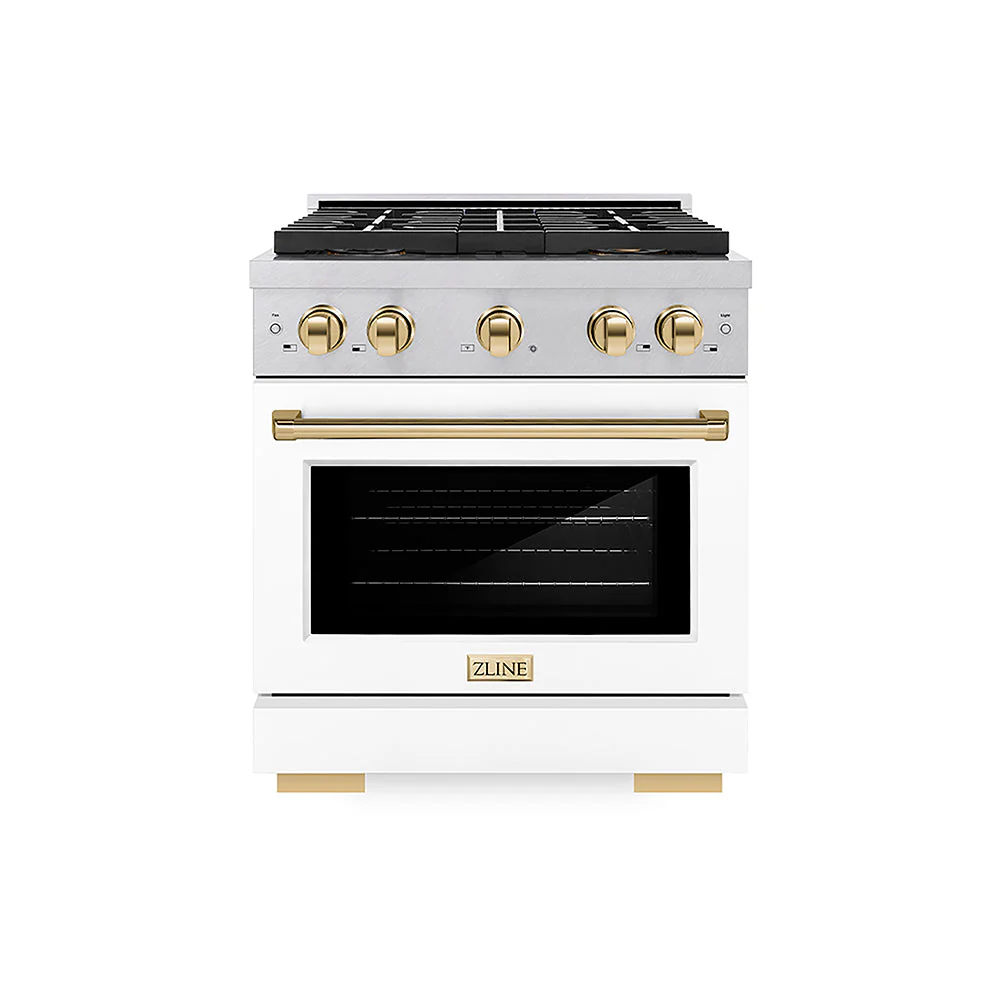 ZLINE Autograph Edition 30 in. 4.2 cu. ft. Paramount Gas Range with 4 Burner DuoPro™ Cooktop and Convection Gas Oven in Satin Stainless Steel with White Matte Door and Polished Gold Accents, Open Box-Good Condition - Image 3