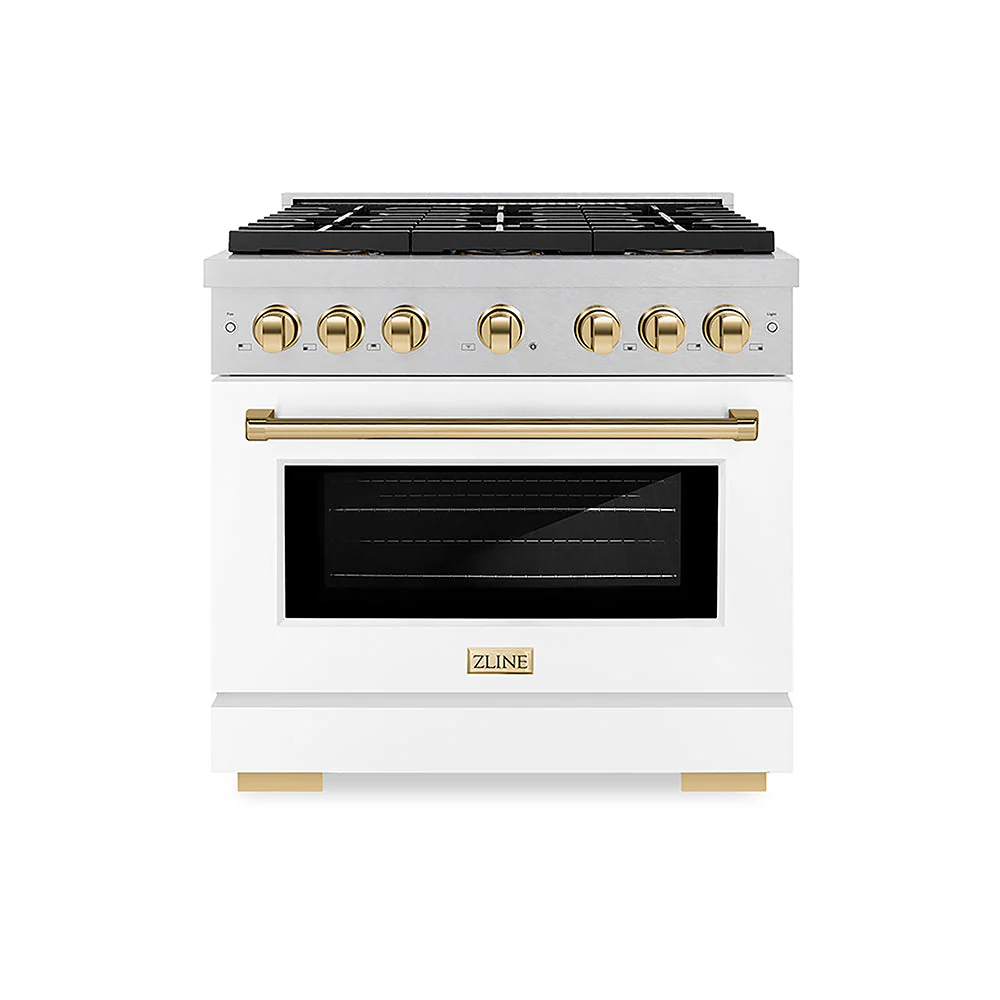 ZLINE Autograph Edition 36 in. 5.2 cu. ft. Paramount Gas Range with 6 Burner DuoPro™ Cooktop and Convection Gas Oven in Satin Stainless Steel with White Matte Door and Polished Gold Accents, Open Box-Good Condition - Image 4