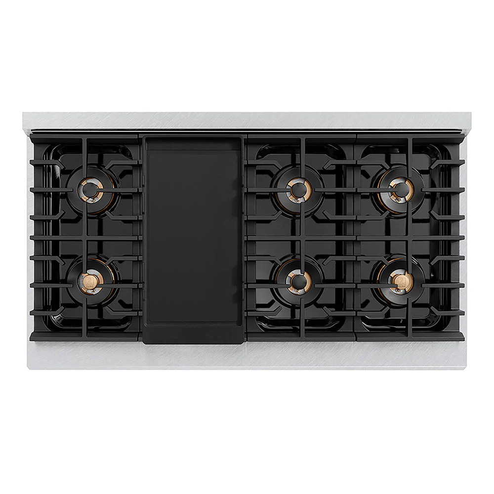 ZLINE Autograph Edition 48 in. 6.7 cu. ft. Paramount Gas Range with 8 Burner DuoPro™ Cooktop and Dual Ovens in Satin Stainless Steel with White Matte Doors and Polished Gold Accents, Open Box-Good Condition - Image 4
