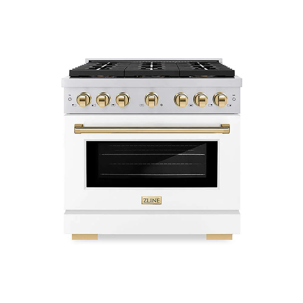 ZLINE Autograph Edition 36 in. 5.2 cu. ft. Paramount Gas Range with 6 Burner DuoPro™ Cooktop and Convection Gas Oven with White Matte Door and Polished Gold Accents, Open Box-Good Condition - Image 4