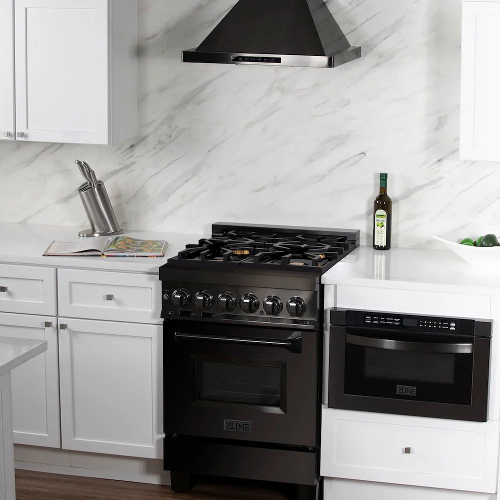 ZLINE 24 in. 2.8 cu. ft. Legacy Dual Fuel Range with Gas Cooktop and Electric Convection Oven in Black Stainless Steel with 4 Brass Burners, Open Box-Good Condition - Image 2