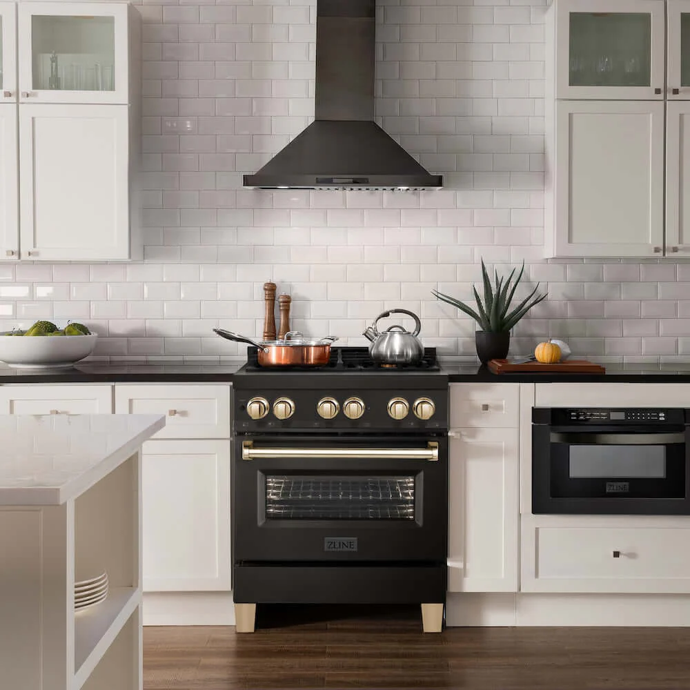 ZLINE Autograph Edition 30 in. 4.0 cu. ft. Legacy Dual Fuel Range with 4 Burner Gas Cooktop and Electric Convection Oven in Black Stainless Steel and Polished Gold Accents, Open Box-Good Condition - Image 12