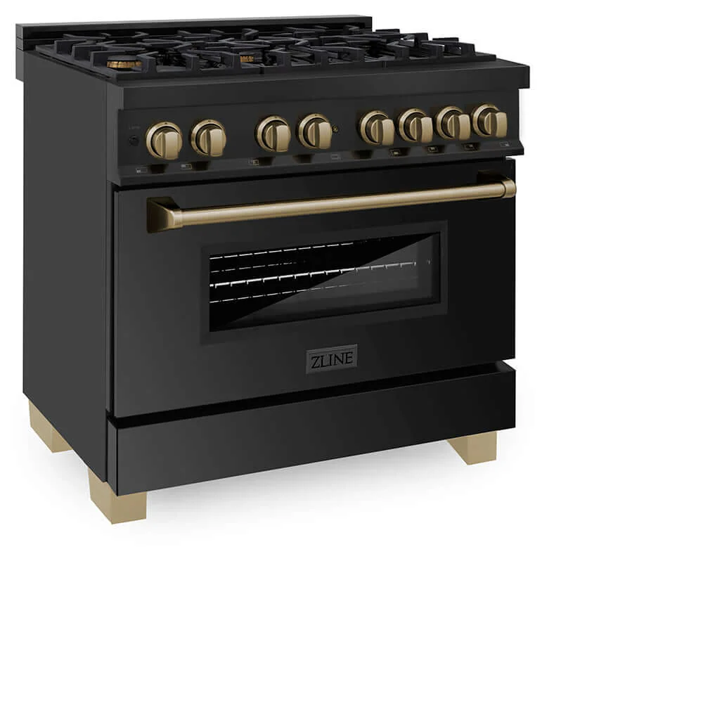 ZLINE Autograph Edition 36 in. 4.6 cu. ft. Legacy Dual Fuel Range with 6 Burner Gas Cooktop and Electric Convection Oven in Black Stainless Steel and Champagne Bronze Accents, Open Box-Good Condition - Image 4