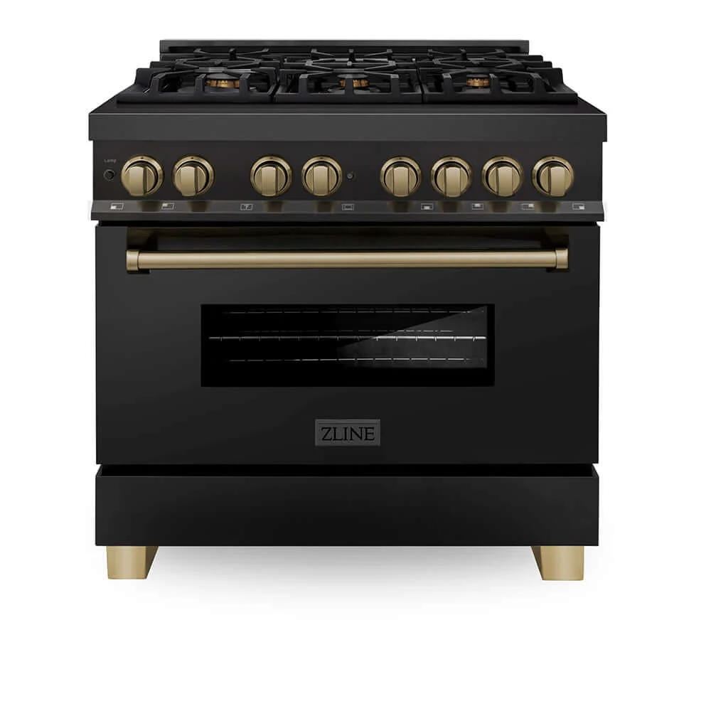 ZLINE Autograph Edition 36 in. 4.6 cu. ft. Legacy Dual Fuel Range with 6 Burner Gas Cooktop and Electric Convection Oven in Black Stainless Steel and Champagne Bronze Accents, Open Box-Good Condition - Image 6