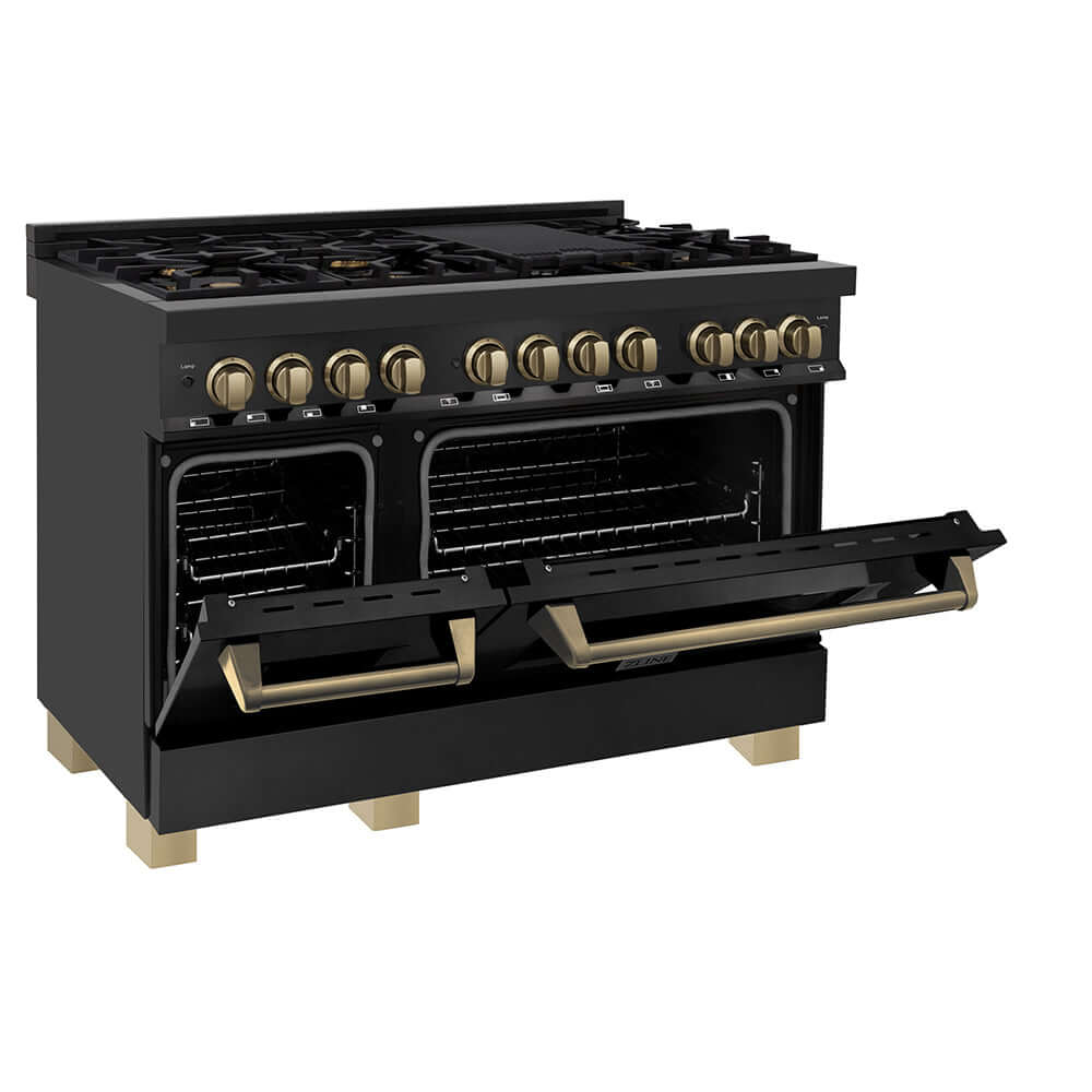 ZLINE Autograph Edition 48 in. 6.0 cu. ft. Legacy Dual Fuel Range with 7 Burner Gas Cooktop and 2 Electric Ovens in Black Stainless Steel and Champagne Bronze Accents, Open Box-Good Condition - Image 5