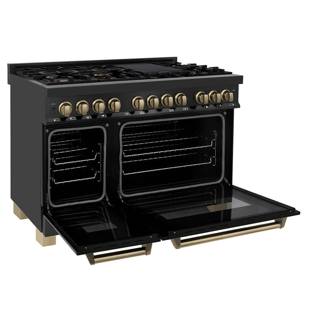 ZLINE Autograph Edition 48 in. 6.0 cu. ft. Legacy Dual Fuel Range with 7 Burner Gas Cooktop and 2 Electric Ovens in Black Stainless Steel and Champagne Bronze Accents, Open Box-Good Condition - Image 6