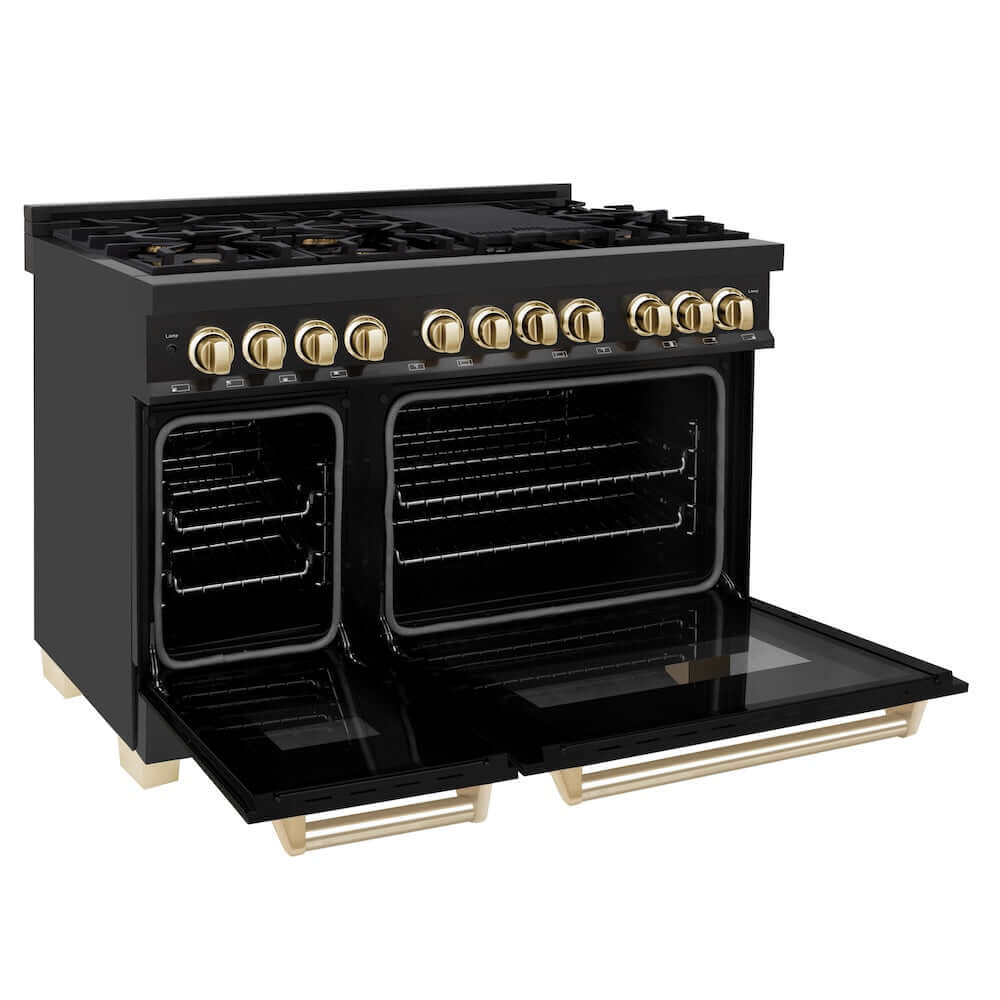 ZLINE Autograph Edition 48 in. 6.0 cu. ft. Legacy Dual Fuel Range with 7 Burner Gas Cooktop and 2 Electric Ovens in Black Stainless Steel and Polished Gold Accents, Open Box-Good Condition - Image 10