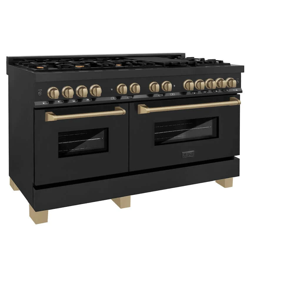 ZLINE Autograph Edition 60 in. 7.4 cu. ft. Legacy Dual Fuel Range with 9 Burner Gas Cooktop and 2 Electric Convection Ovens in Black Stainless Steel and Champagne Bronze Accents, Open Box-Good Condition - Image 4