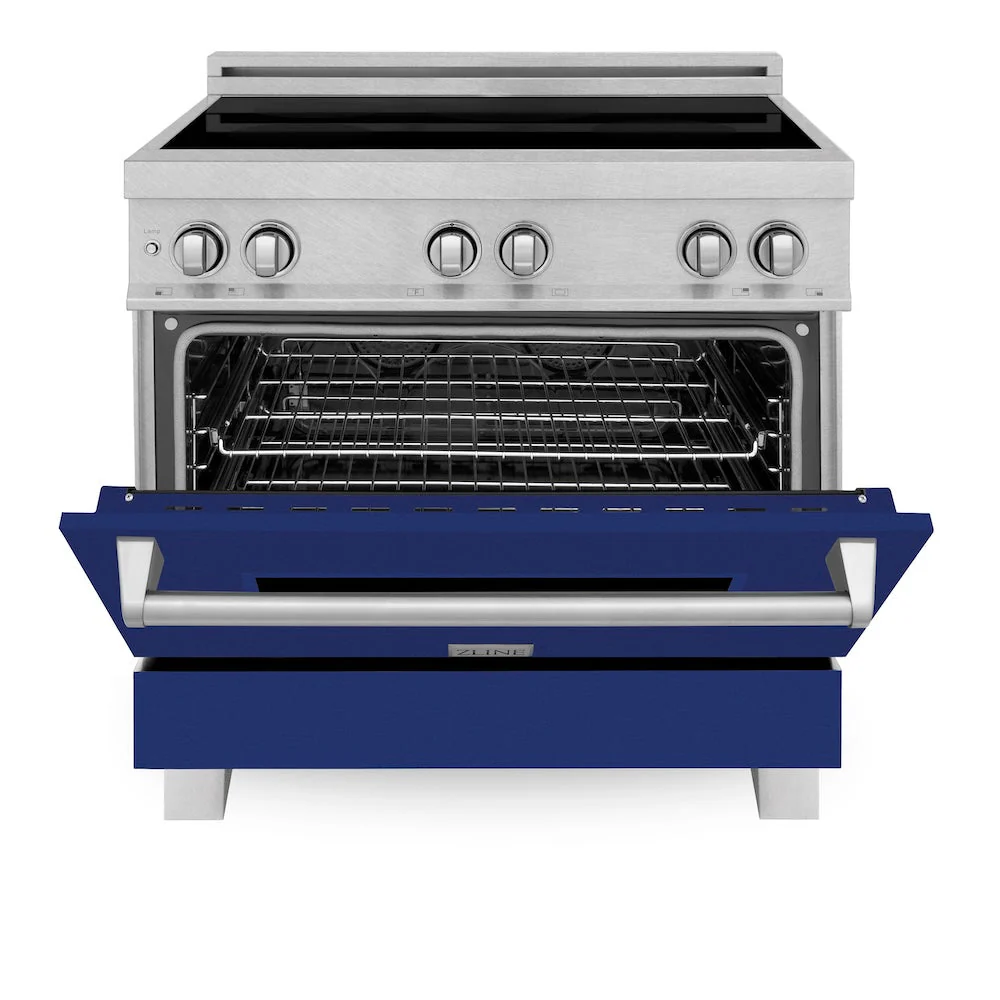 ZLINE 36 in. 4.6 cu. ft. Legacy Induction Range with 5 Element Cooktop and Electric Oven in Satin Stainless Steel and Blue Gloss Door, Open Box-Good Condition - Image 8