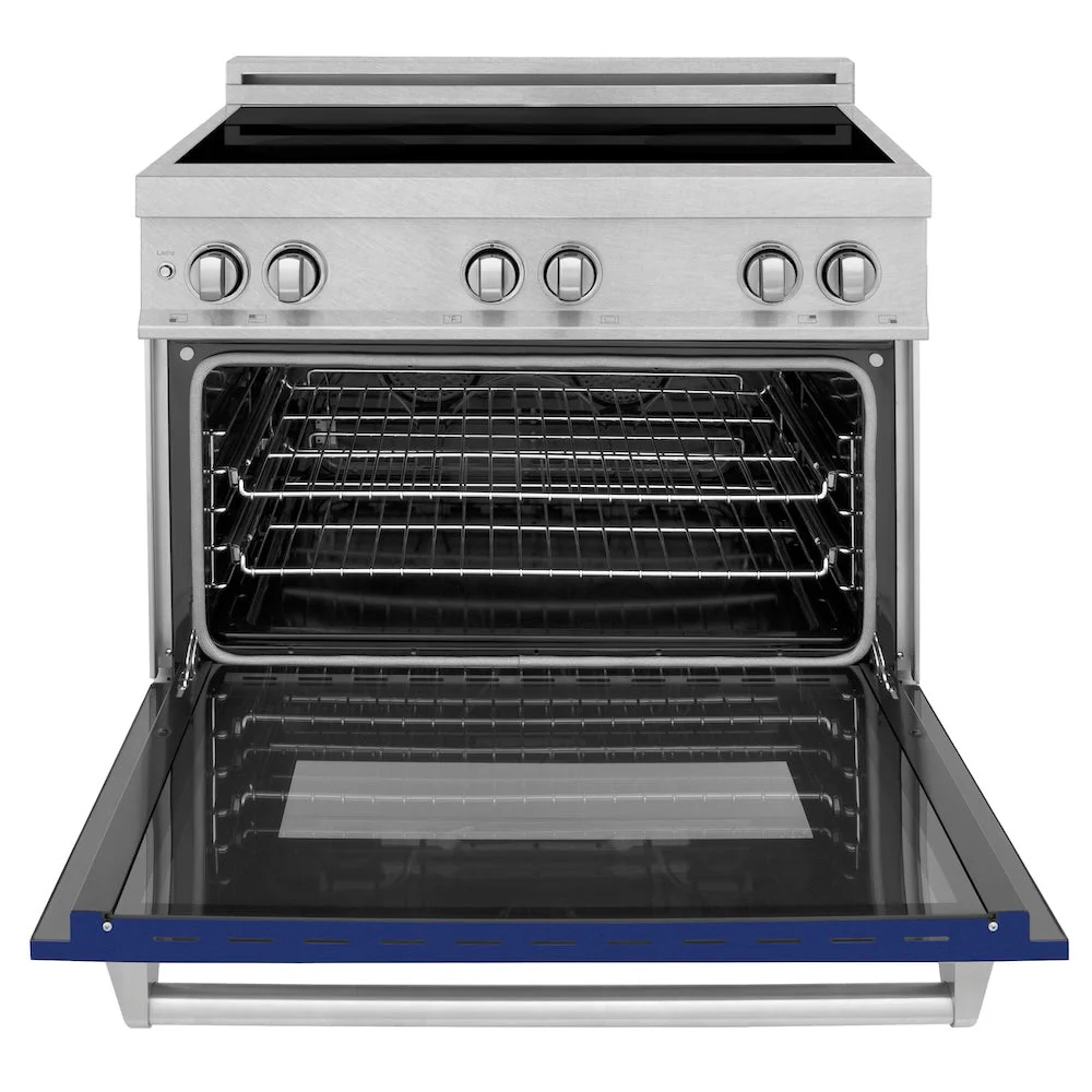 ZLINE 36 in. 4.6 cu. ft. Legacy Induction Range with 5 Element Cooktop and Electric Oven in Satin Stainless Steel and Blue Gloss Door, Open Box-Good Condition - Image 9