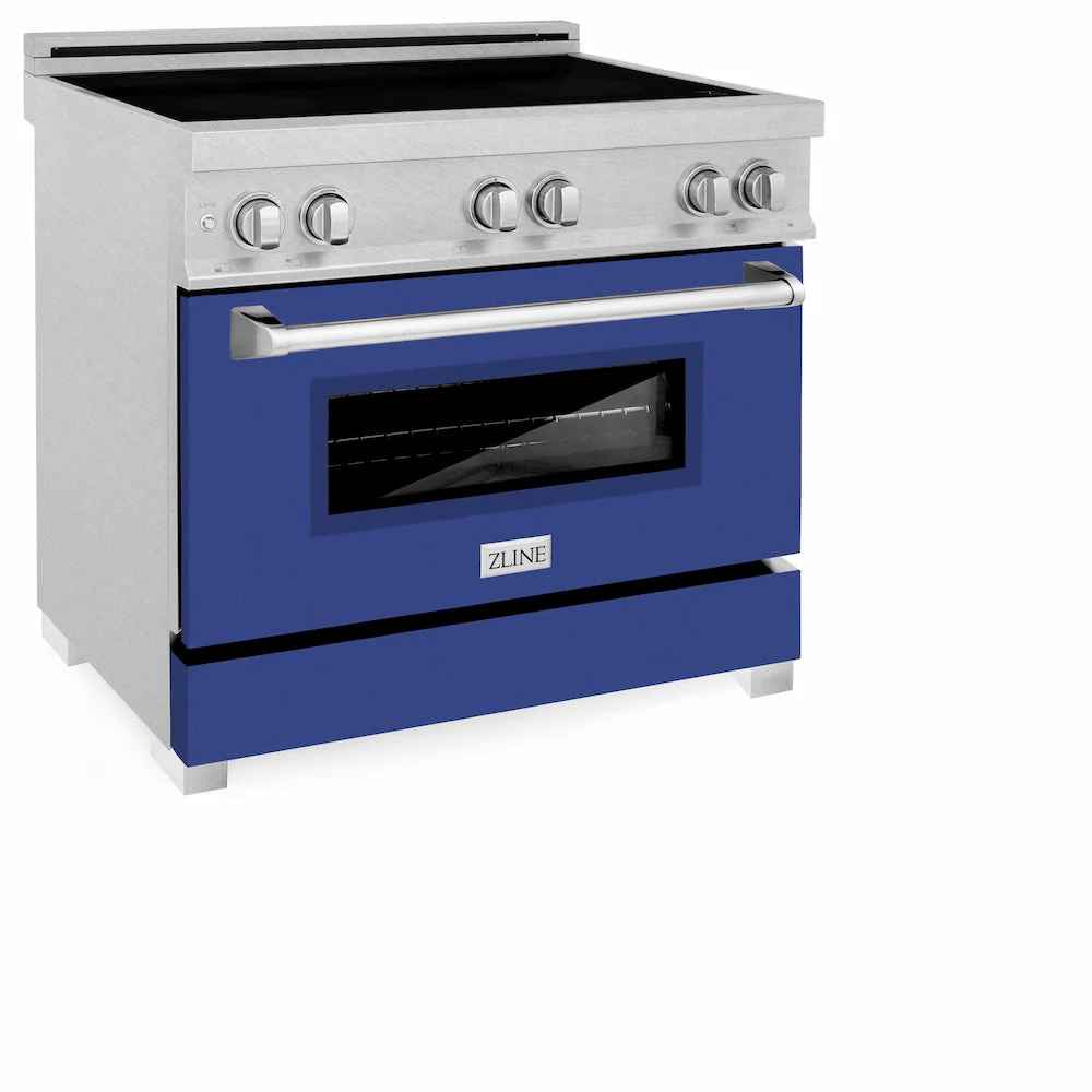 ZLINE 36 in. 4.6 cu. ft. Legacy Induction Range with 5 Element Cooktop and Electric Oven in Satin Stainless Steel and Blue Matte Door, Open Box-Good Condition - Image 3