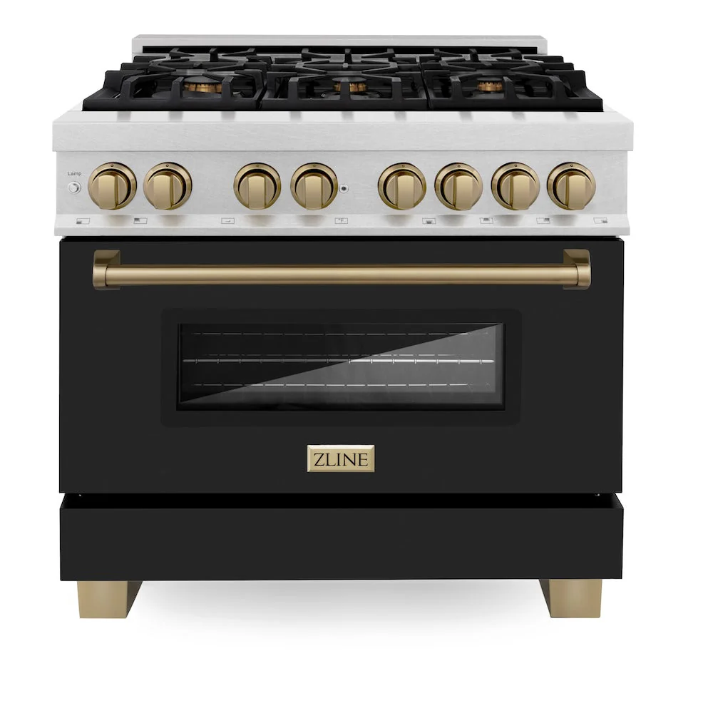 ZLINE Autograph Edition 36 in. 4.6 cu. ft. Legacy Dual Fuel Range with 6 Burner Gas Cooktop and Electric Convection Oven in Satin Stainless Steel with Black Matte Door and Champagne Bronze Accents, Open Box-Good Condition - Image 7