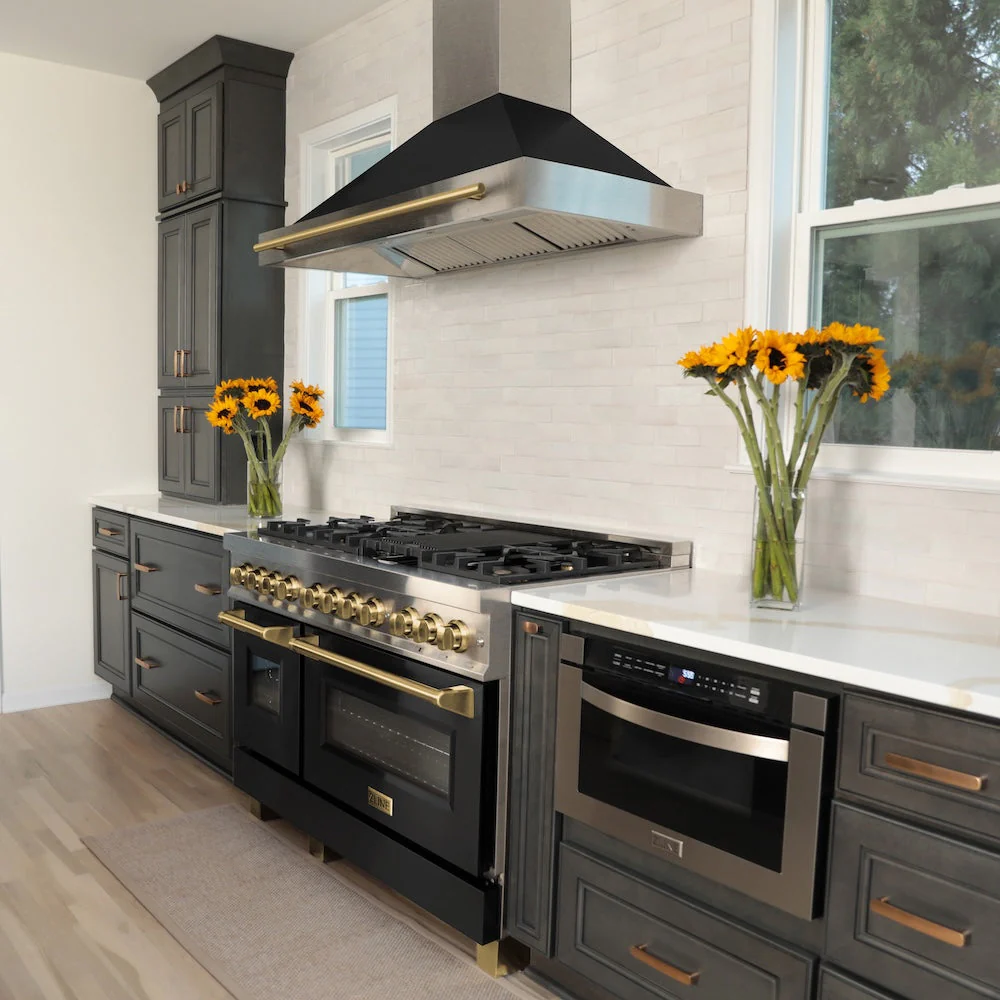 ZLINE Autograph Edition 48 in. 6.0 cu. ft. Legacy Dual Fuel Range with 7 Burner Gas Cooktop and 2 Electric Ovens in Satin Stainless Steel with Black Matte Doors and Polished Gold Accents, Open Box-Good Condition - Image 16