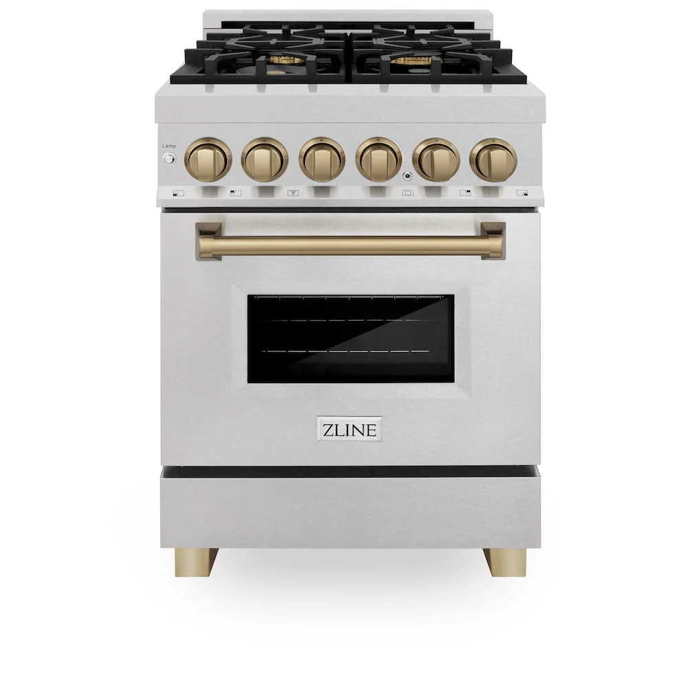 ZLINE Autograph Edition 24 in. 2.8 cu. ft. Legacy Dual Fuel Range with 4 Burner Gas Cooktop and Electric Convection Oven in Satin Stainless Steel and Champagne Bronze Accents, Open Box-Good Condition - Image 6