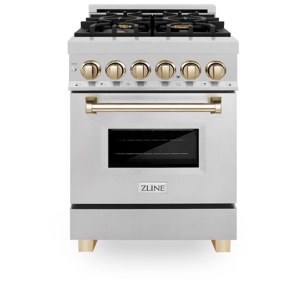 ZLINE Autograph Edition 24 in. 2.8 cu. ft. Legacy Dual Fuel Range with 4 Burner Gas Cooktop and Electric Convection Oven in Satin Stainless Steel and Polished Gold Accents, Open Box-Good Condition - Image 6