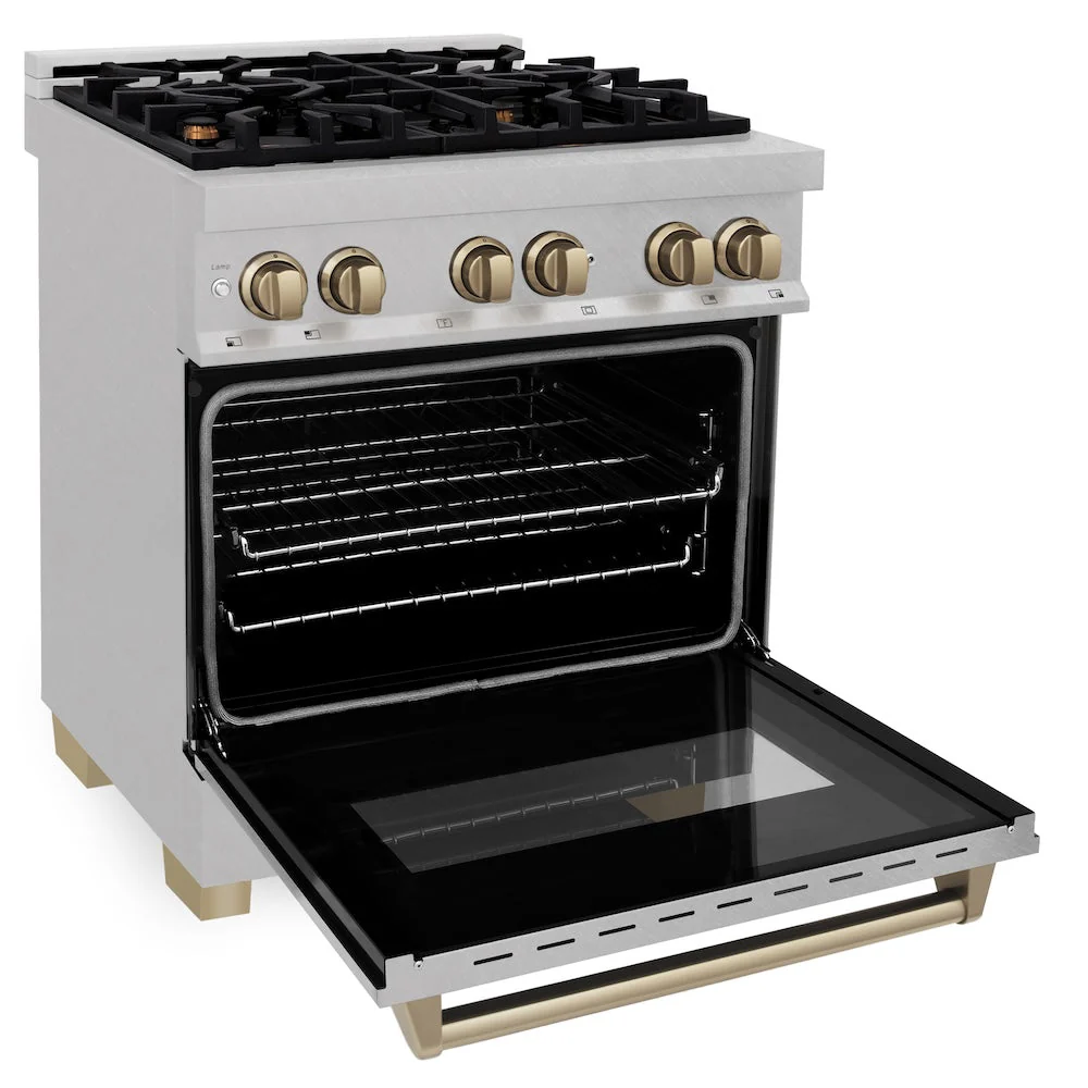 ZLINE Autograph Edition 30 in. 4.0 cu. ft. Legacy Dual Fuel Range with 4 Burner Gas Cooktop and Electric Convection Oven in Satin Stainless Steel and Champagne Bronze Accents, Open Box-Good Condition - Image 5