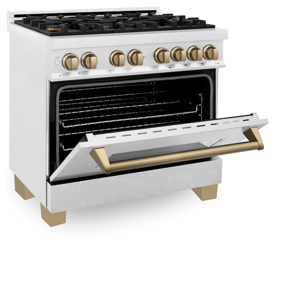 ZLINE Autograph Edition 36 in. 4.6 cu. ft. Legacy Dual Fuel Range with 6 Burner Gas Cooktop and Electric Convection Oven in Satin Stainless Steel and Champagne Bronze Accents, Open Box-Good Condition - Image 5