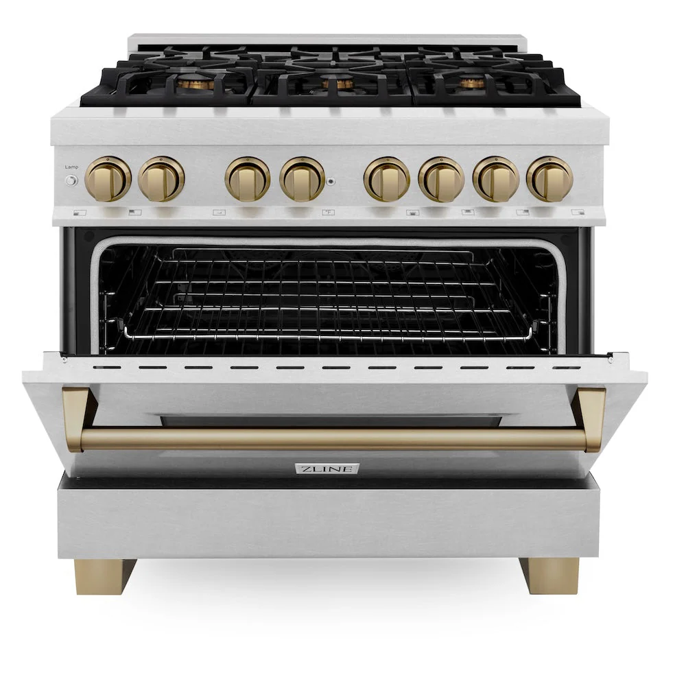 ZLINE Autograph Edition 36 in. 4.6 cu. ft. Legacy Dual Fuel Range with 6 Burner Gas Cooktop and Electric Convection Oven in Satin Stainless Steel and Champagne Bronze Accents, Open Box-Good Condition - Image 9