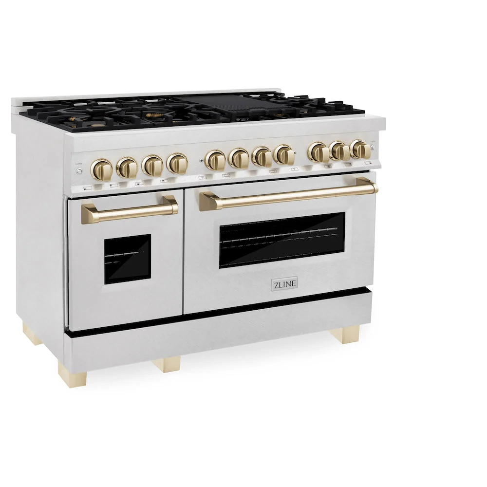 ZLINE Autograph Edition 48 in. 6.0 cu. ft. Legacy Dual Fuel Range with 7 Burner Gas Cooktop and 2 Electric Ovens in Satin Stainless Steel and Polished Gold Accents, Open Box-Good Condition - Image 4