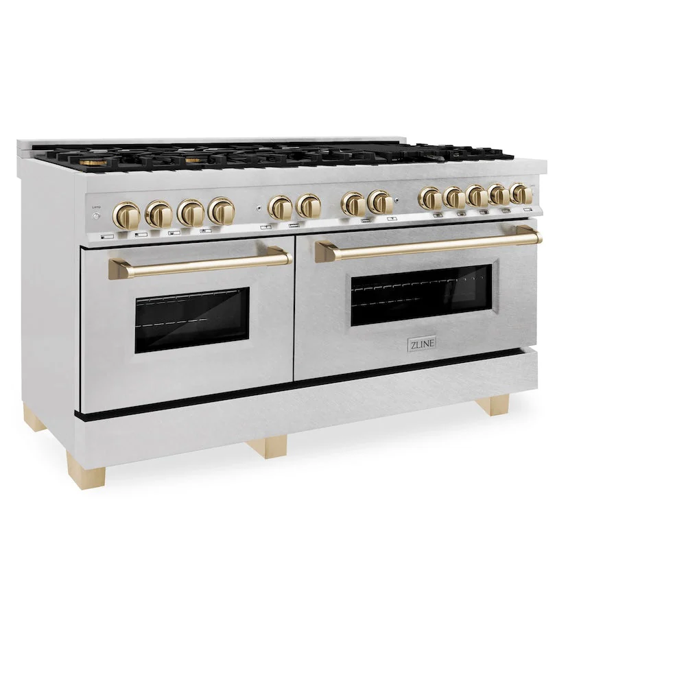 ZLINE Autograph Edition 60 in. 7.4 cu. ft. Legacy Dual Fuel Range with 9 Burner Gas Cooktop and 2 Electric Convection Ovens in Satin Stainless Steel and Polished Gold Accents, Open Box-Good Condition - Image 4