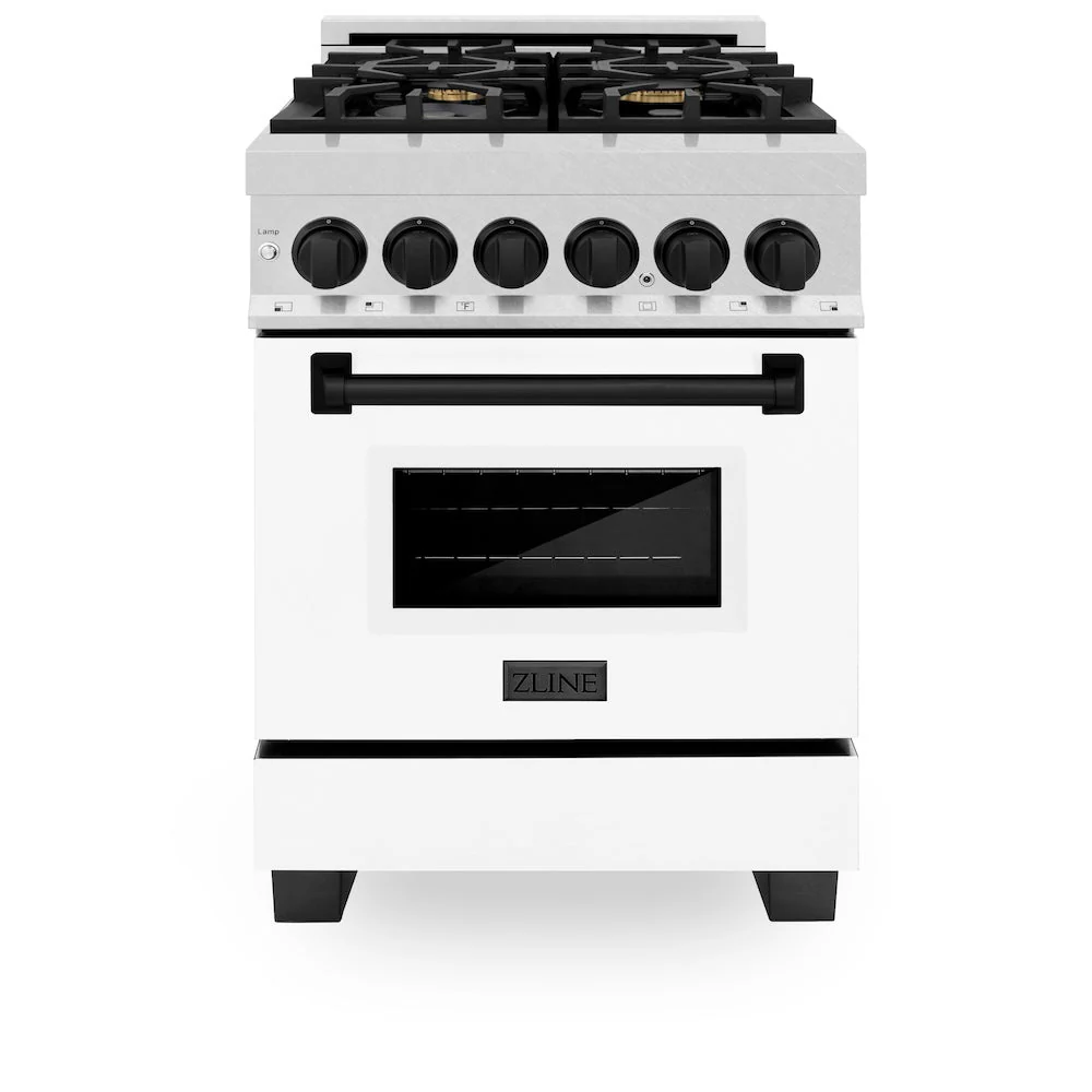 ZLINE Autograph Edition 24 in. 2.8 cu. ft. Legacy Dual Fuel Range with 4 Burner Gas Cooktop and Electric Convection Oven in Satin Stainless Steel with White Matte Door and Matte Black Accents, Open Box-Good Condition - Image 5