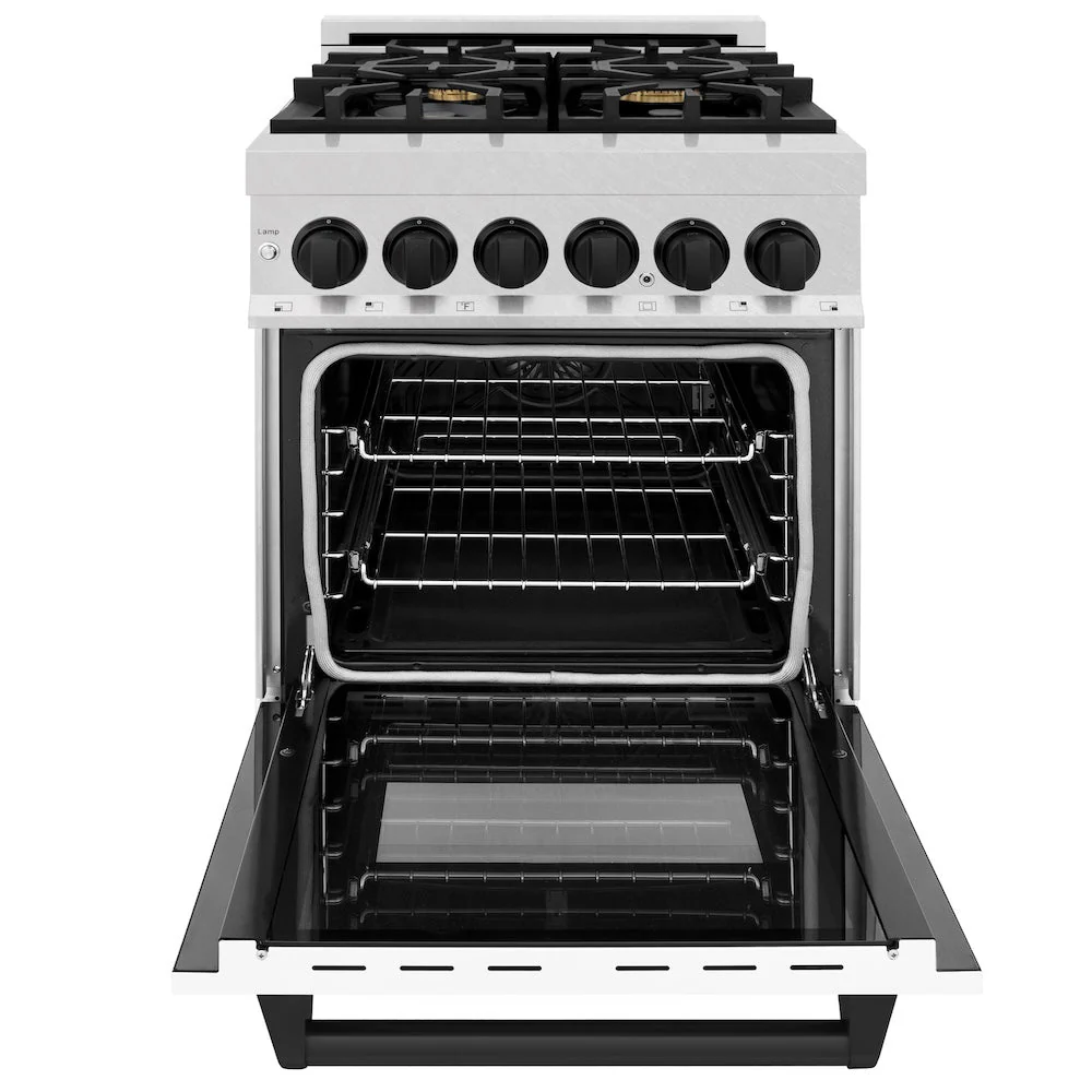 ZLINE Autograph Edition 24 in. 2.8 cu. ft. Legacy Dual Fuel Range with 4 Burner Gas Cooktop and Electric Convection Oven in Satin Stainless Steel with White Matte Door and Matte Black Accents, Open Box-Good Condition - Image 6