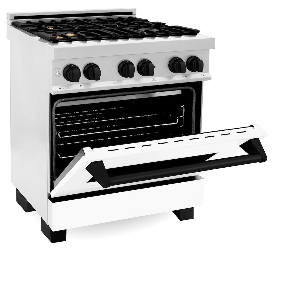 ZLINE Autograph Edition 30 in. 4.0 cu. ft. Legacy Dual Fuel Range with 4 Burner Gas Cooktop and Electric Convection Oven in Satin Stainless Steel with White Matte Door and Matte Black Accents, Open Box-Good Condition - Image 5