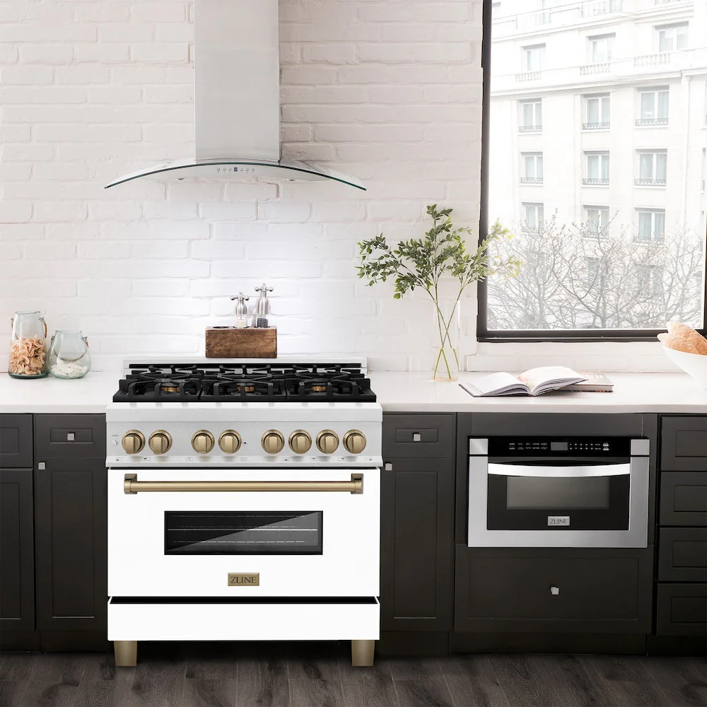 ZLINE Autograph Edition 36 in. 4.6 cu. ft. Legacy Dual Fuel Range with 6 Burner Gas Cooktop and Electric Convection Oven in Satin Stainless Steel with White Matte Door and Champagne Bronze Accents, Open Box-Good Condition - Image 2