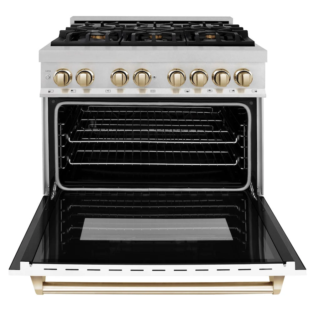 ZLINE Autograph Edition 36 in. 4.6 cu. ft. Legacy Dual Fuel Range with 6 Burner Gas Cooktop and Electric Convection Oven in Satin Stainless Steel with White Matte Door and Polished Gold Accents, Open Box-Good Condition - Image 7
