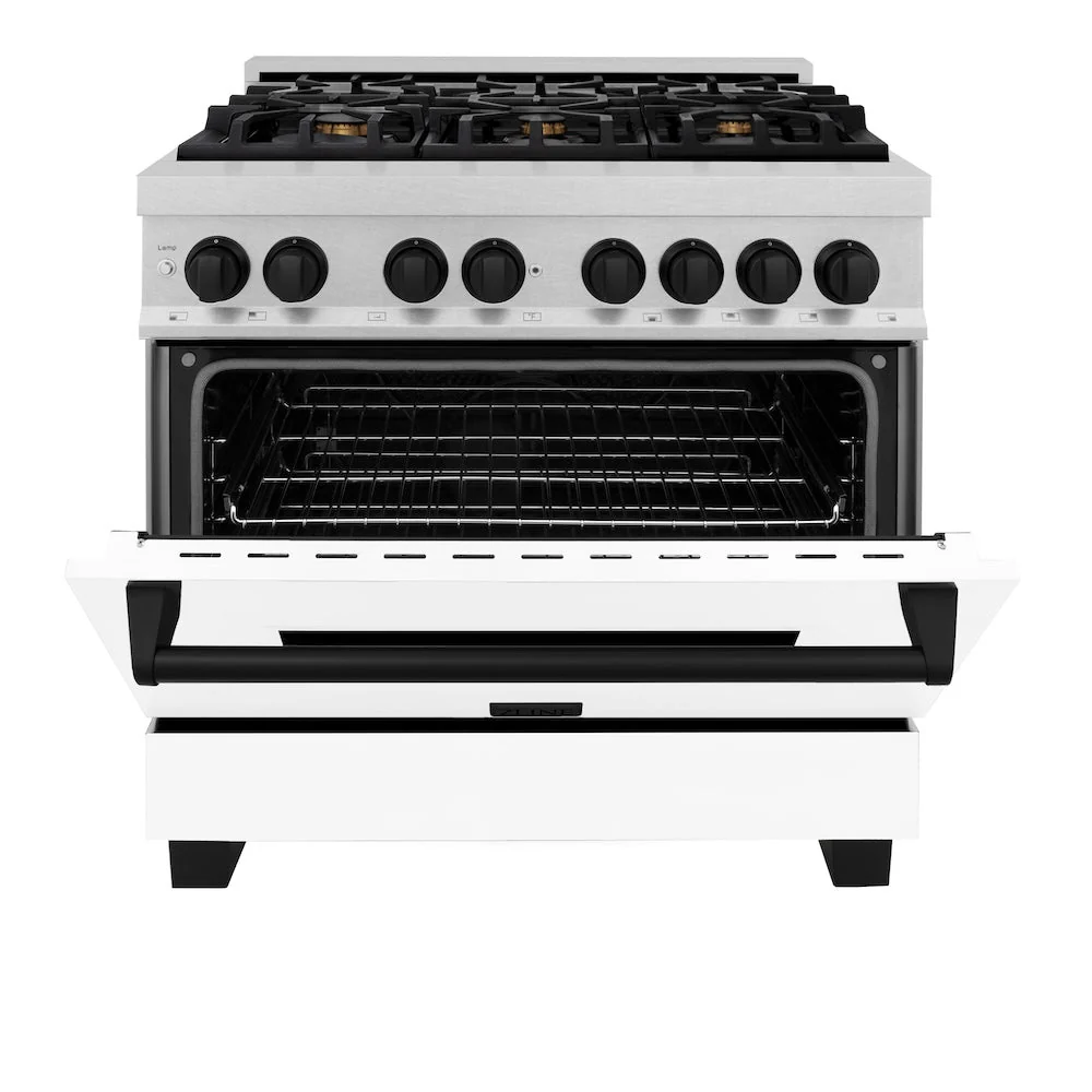 ZLINE Autograph Edition 36 in. 4.6 cu. ft. Legacy Dual Fuel Range with 6 Burner Gas Cooktop and Electric Convection Oven in Satin Stainless Steel with White Matte Door and Matte Black Accents, Open Box-Good Condition - Image 8