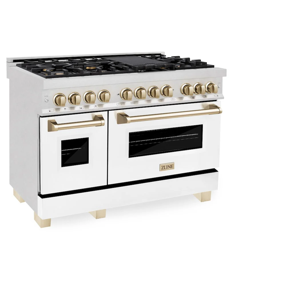ZLINE Autograph Edition 48 in. 6.0 cu. ft. Legacy Dual Fuel Range with 7 Burner Gas Cooktop and 2 Electric Ovens in Satin Stainless Steel with White Matte Doors and Polished Gold Accents, Open Box-Good Condition - Image 4
