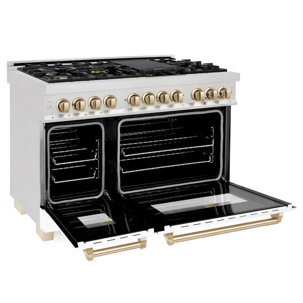 ZLINE Autograph Edition 48 in. 6.0 cu. ft. Legacy Dual Fuel Range with 7 Burner Gas Cooktop and 2 Electric Ovens in Satin Stainless Steel with White Matte Doors and Polished Gold Accents, Open Box-Good Condition - Image 5
