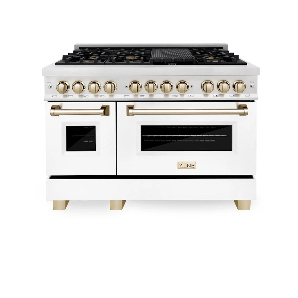 ZLINE Autograph Edition 48 in. 6.0 cu. ft. Legacy Dual Fuel Range with 7 Burner Gas Cooktop and 2 Electric Ovens in Satin Stainless Steel with White Matte Doors and Polished Gold Accents, Open Box-Good Condition - Image 7