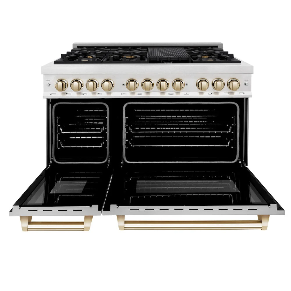 ZLINE Autograph Edition 48 in. 6.0 cu. ft. Legacy Dual Fuel Range with 7 Burner Gas Cooktop and 2 Electric Ovens in Satin Stainless Steel with White Matte Doors and Polished Gold Accents, Open Box-Good Condition - Image 9