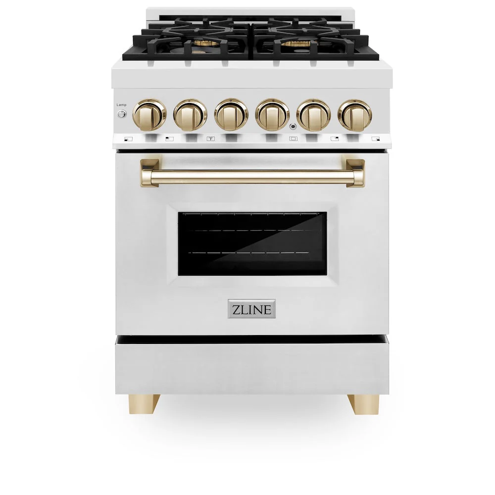 ZLINE Autograph Edition 24 in. 2.8 cu. ft. Legacy Dual Fuel Range with 4 Burner Gas Cooktop and Electric Convection Oven in Stainless Steel and Polished Gold Accents, Open Box-Good Condition - Image 7