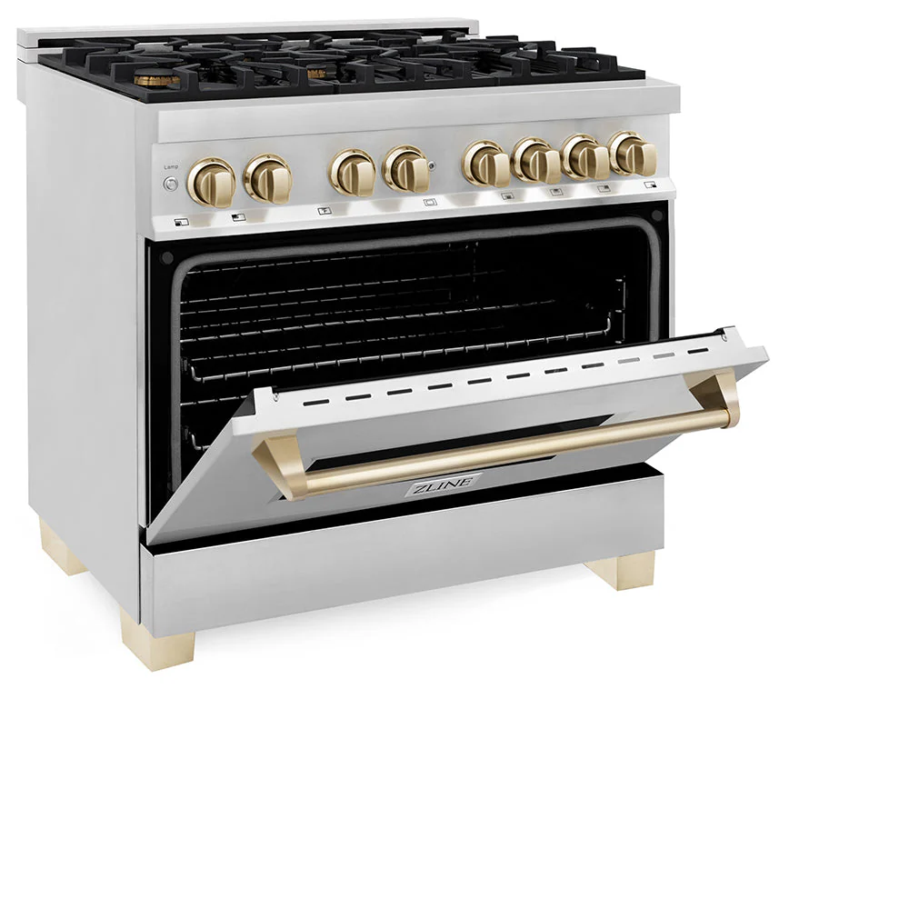 ZLINE Autograph Edition 36 in. 4.6 cu. ft. Legacy Dual Fuel Range with 6 Burner Gas Cooktop and Electric Convection Oven in Stainless Steel and Polished Gold Accents, Open Box-Good Condition - Image 5