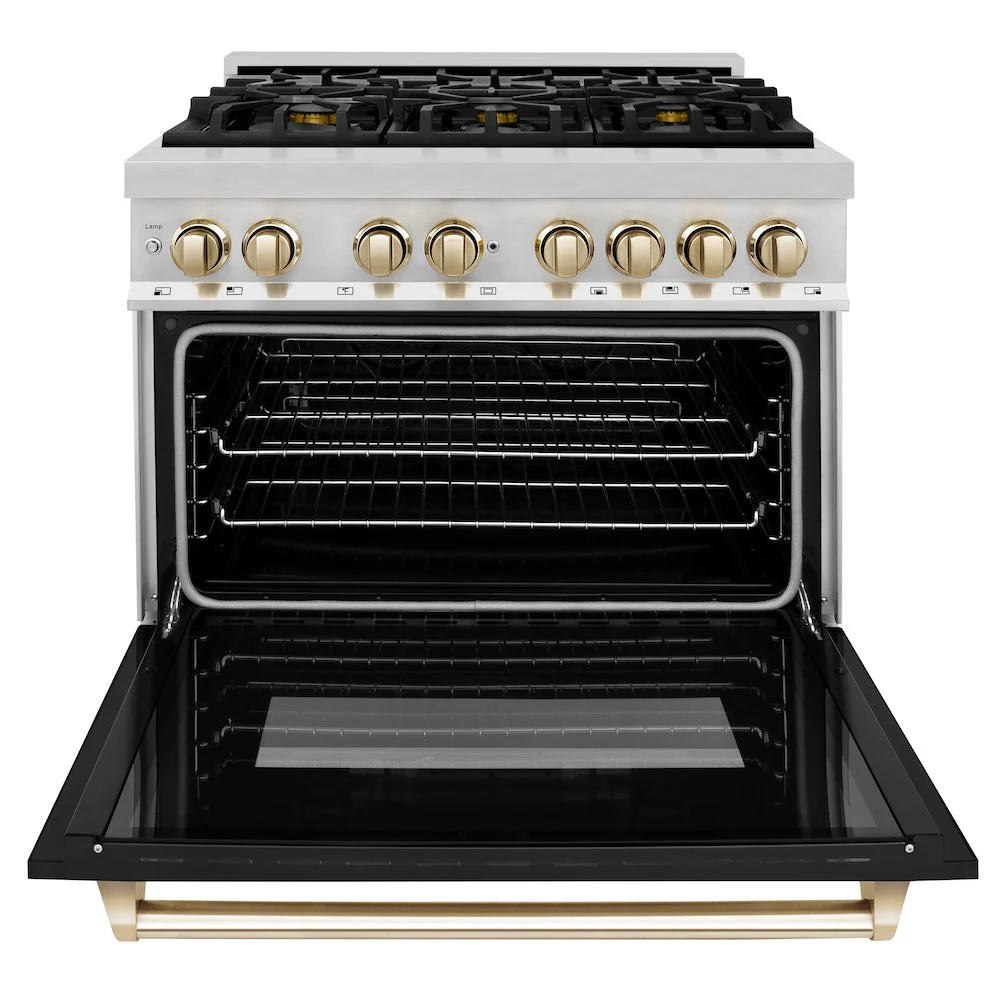 ZLINE Autograph Edition 36 in. 4.6 cu. ft. Legacy Dual Fuel Range with 6 Burner Gas Cooktop and Electric Convection Oven in Stainless Steel with Black Matte Door and Polished Gold Accents, Open Box-Good Condition - Image 9